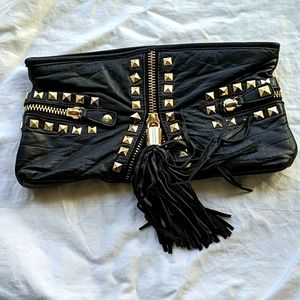 Betsey Johnson black leather clutch w/gold studs